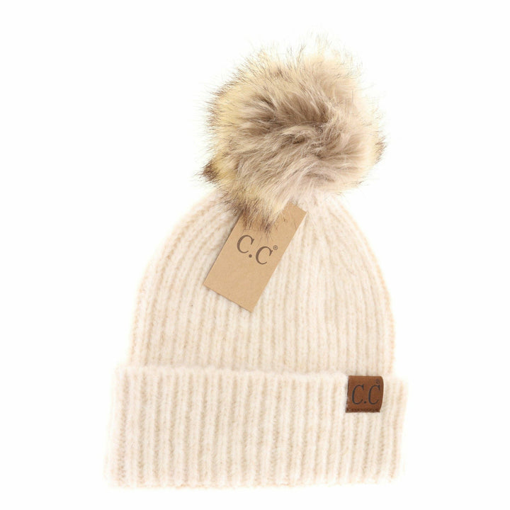 Soft Ribbed Fur Pom C.C Beanie HAT2074: Oatmeal Multi