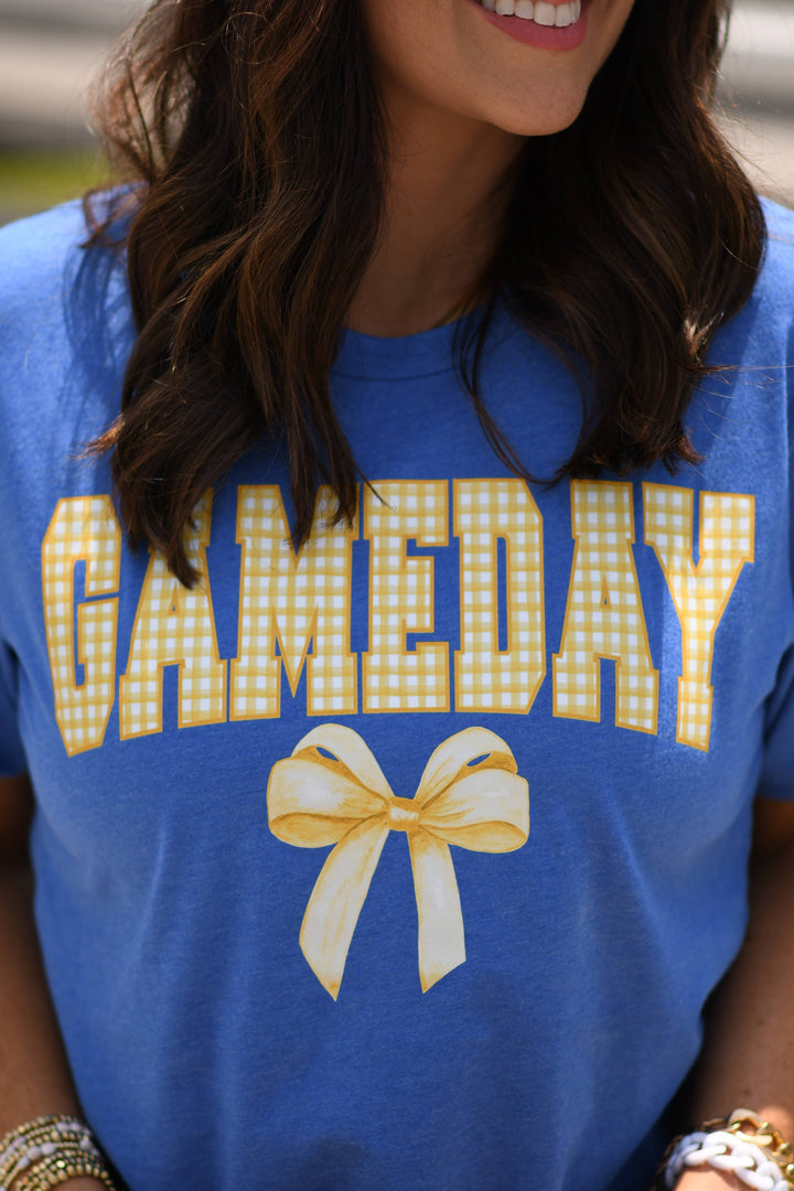 Game Day Gingham Bow Royal Tee: Heather True Royal / L