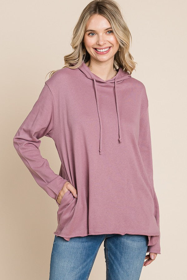 Raw Edge Long Sleeve Hooded Top with Pockets