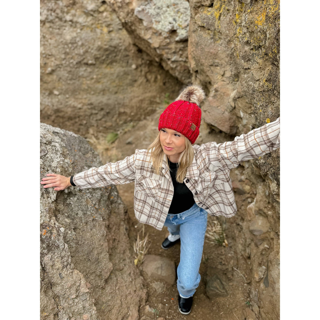 Fuzzy Lined Flecked Fur Pom CC Beanie YJ820CONFETTI: Taupe