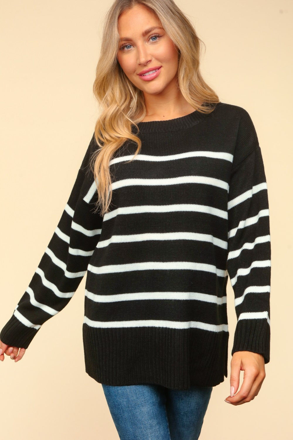 Striped Contrast Side Slit Sweater *ONLINE EXCLUSIVE*