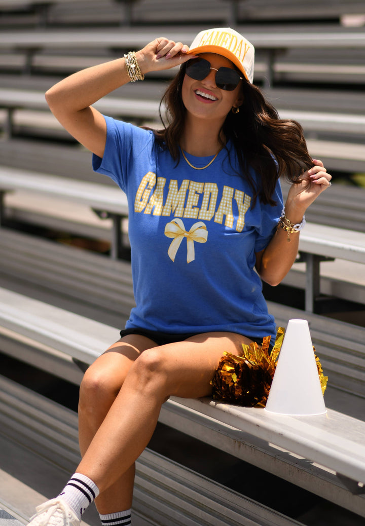 Game Day Gingham Bow Royal Tee: Heather True Royal / XL