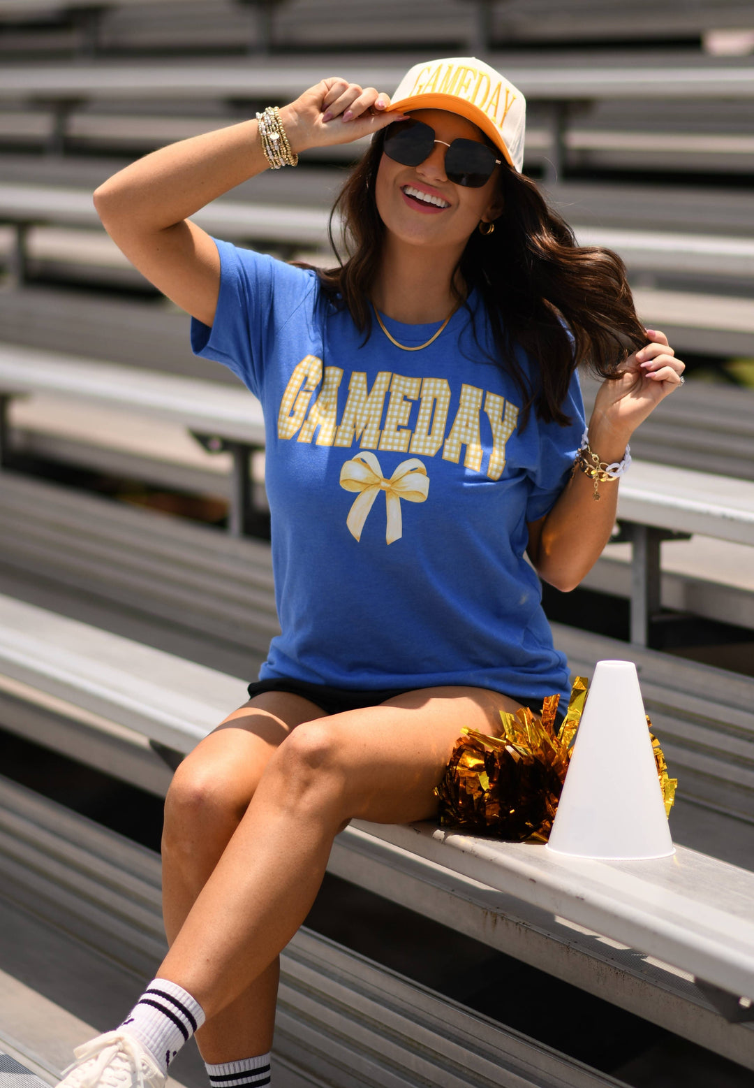 Game Day Gingham Bow Royal Tee: Heather True Royal / L