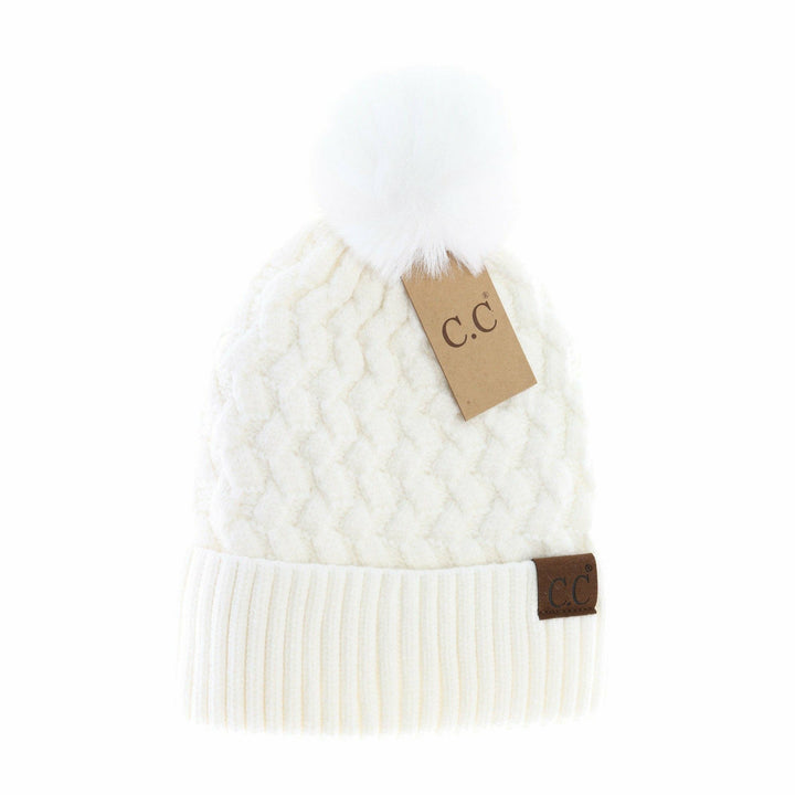 Woven Cable Knit Cuffed Matching Fur Pom C.C Beanie HAT3861: White