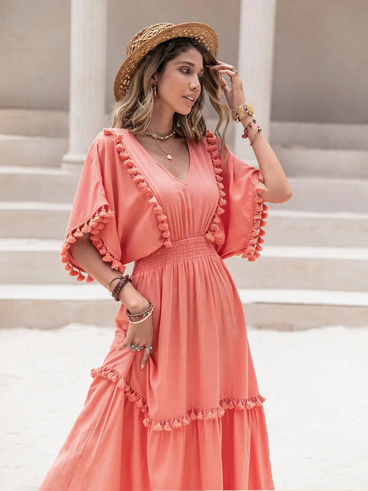 Tassel Trim Smocked V-Neck Shoert Sleeve Dress