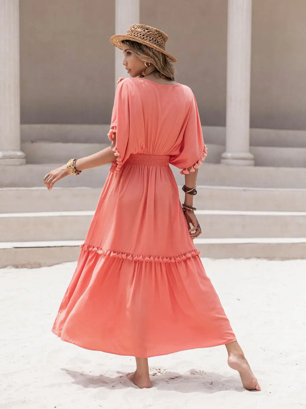 Tassel Trim Smocked V-Neck Shoert Sleeve Dress