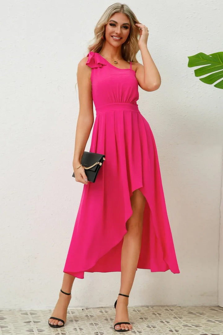 Bow Asymmetrical Neck Sleeveless Dress