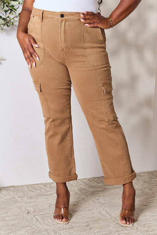 Risen High Waist Straight Jeans with Cargo Pockets