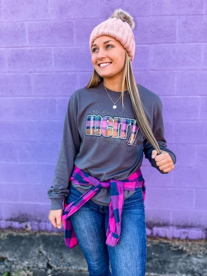 Merry Plaid Long Sleeve Graphic Top