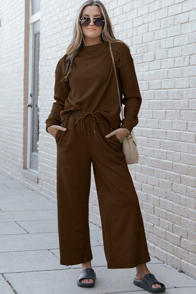 Textured Long Sleeve Top and Drawstring Pants Set •Multiple Colors•